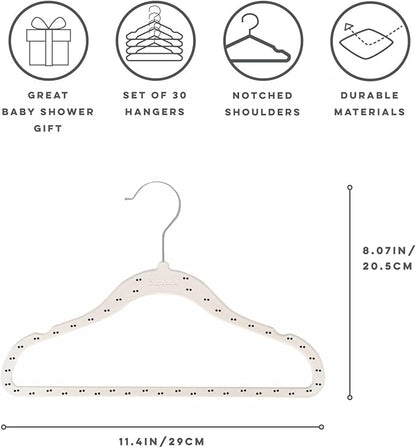 3 Sprouts Velvet Baby Hangers - Non-Slip Hangers for Infant and Toddler Clothes - Slim Space-Saving Design with Nordic Colors for Nursery - 30 Pack - Double Dot & Beige