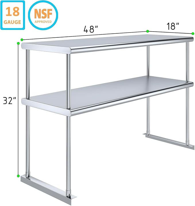 48" x 18" NSF Stainless Steel Double Overshelf | 18-Gauge Heavy-Duty | Includes Brackets