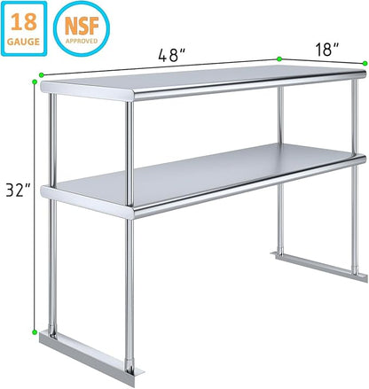 48" x 18" NSF Stainless Steel Double Overshelf | 18-Gauge Heavy-Duty | Includes Brackets