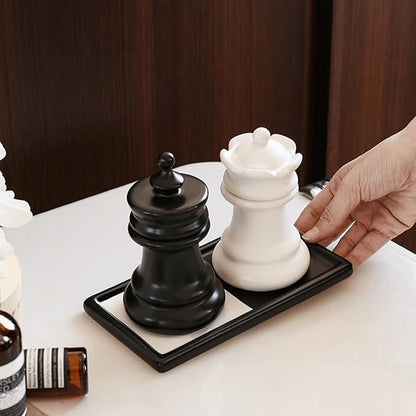 King and Queen Chess Piece Qtip Holder Bathroom Set with Mini Chessboard Base, Novelty Ceramic Storage Containers for Toothpicks, Cotton Swabs, Floss - Elegant Desk Decor, Unique Gift for Chess Lovers