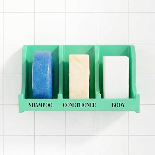 Soap Holder for Shower Wall, 3-Compartment Soap Dish for Shampoo, Conditioner and Body Soap, Fast Draining & Rust-Proof & Heavy Duty, Ultra-Strong Self Adhesive & Freestanding (Mint Green, Label)