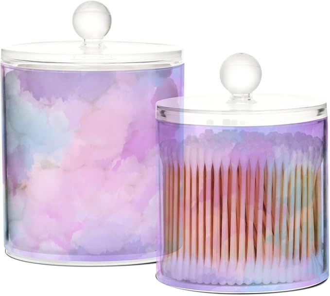 2 Pack Qtip Dispenser Apothecary Jars with Lids Cotton Round Holder Bathroom Canisters for Cotton Swab Floss Ball Pads Clear Plastic Decorative Pink Purple Blue Gradient