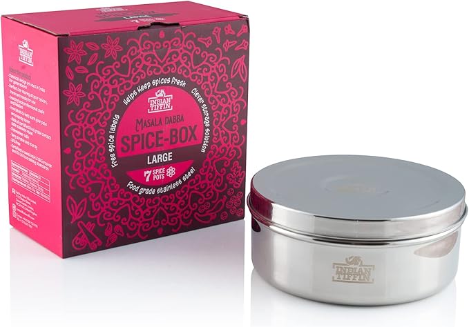 Indian-Tiffin Masala Dabba – Airtight Spice Container – Food Grade Stainless Steel – with Spice Labels & Spoon (Large (20cm), Steel Lid, Clear Lids on Inner Pots)