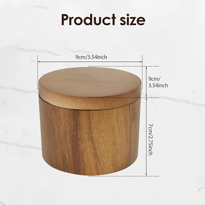 UKQRRTC Acacia Wood Salt Bowl with Built in Spoon and Magnetic Swivel Lid Round Salt Cellar Kitchen Salt Holder for Storing Salt Pepper Sugar Spice (Style 1)