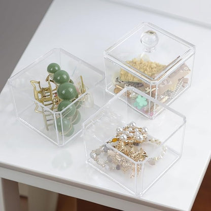 Clear Bathroom Dresser Organizer 3 Compartment with 1 Lid, Transparent Hair Accessories Organizer, Cotton Ball and Swab Holder, Small Plastic Storage Containers Vanity Makeup Organization (Clear Lid)