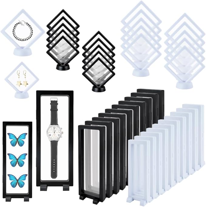 40 PCS Floating Display Case, 3D Challenge Coin Display Holder Frames with Stands, Transparent PE Jewelry Storage Box for Butterfly, Medallion, Shells, Gems, Pins, Specimen (Black, White)
