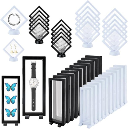 40 PCS Floating Display Case, 3D Challenge Coin Display Holder Frames with Stands, Transparent PE Jewelry Storage Box for Butterfly, Medallion, Shells, Gems, Pins, Specimen (Black, White)