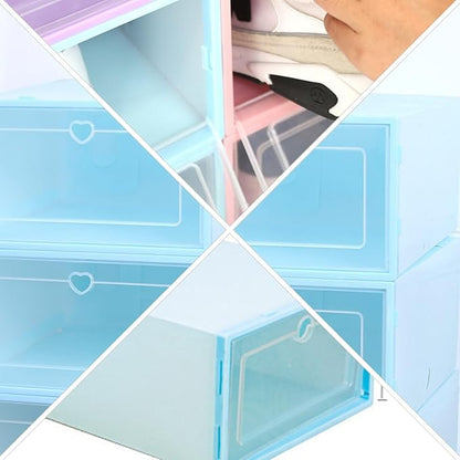 6pcs Plastic Shoe Storage Boxes with Clamshell Drawer Design, 31x21.5x12.5cm Women’s Shoes Organizer in Blue Heart Pattern for Closet and Travel