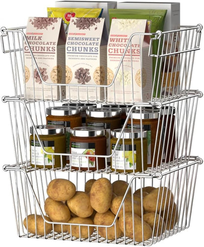 Slideep Large Stackable Storage Baskets Cabinet Organizer Sturdy Metal Wire Pantry Freezer Bin for Pantry Home Bathroom Kitchen Organization 3 Packs