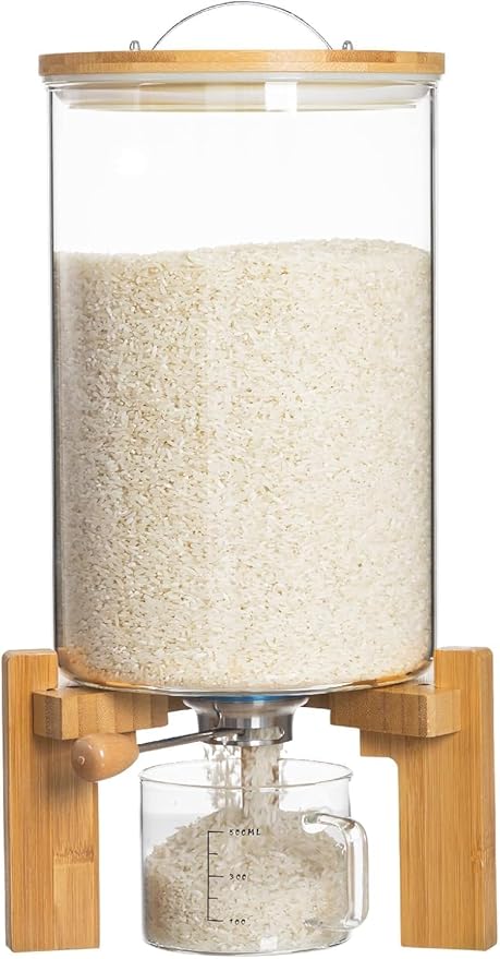 HBlife 18-22 Lbs Glass Rice Dispenser with Wooden Stand Flour and Cereal Container with Glass Measuring Cup Pantry Food Organization Storage Bin with Airtight Bamboo Lid, 11L