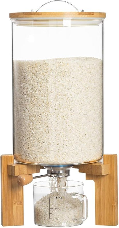 HBlife 18-22 Lbs Glass Rice Dispenser with Wooden Stand Flour and Cereal Container with Glass Measuring Cup Pantry Food Organization Storage Bin with Airtight Bamboo Lid, 11L