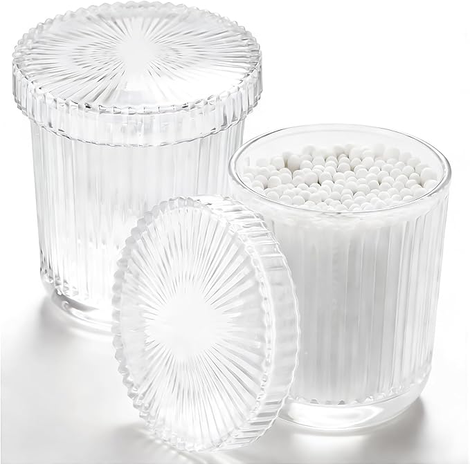 Glass Qtip Dispenser 2 Pack, Clear Bathroom Storage Organizer for Cotton Swabs, Balls, Pads & Floss Picks, Vanity Makeup Essential Accessories (Clear)