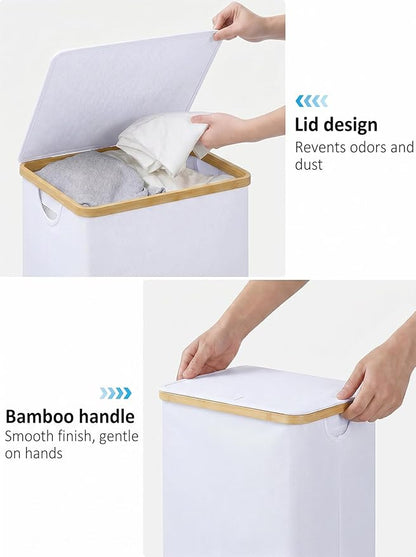 iEGrow 110L Laundry Hamper with Lid，Dirty Clothes Hampers for Laundry,Laundry Basket with Bamboo Handles and Removable Bag,Hamper for Bedroom, Bathroom, Dorm, Laundry Room, White
