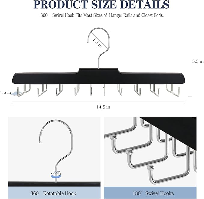 2PC Tie Rack Hanger for Closet Fitnice Upgraded Non Slip Tie Holder Organizer Space Saving with 20 Foldable Hooks Wooden Belt Hanger for Tank Tops Bras Cami Scarves,Black