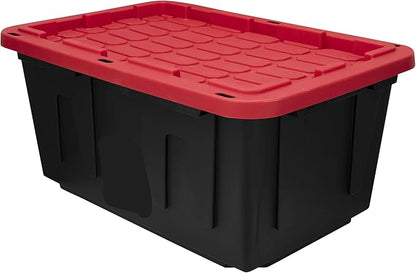27-Gallon Storage Bin (2-Pack), Large Plastic Storage Container with Secure Snap-On Lid, Tote for Industrial and Home Organization, Black with Red Lid