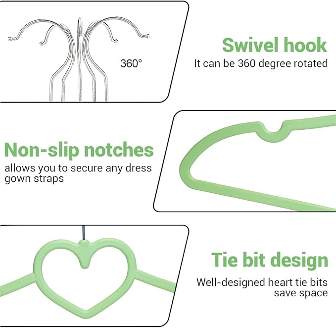 Plastic Hanger 20 Pack, Green Plastic Coat Hangers - Ultra Thin, Space Saving, Heart-Shaped, 360° Swivel Hook - Strong and Durable for Adults