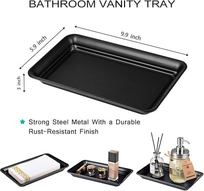 Vintage Farmhouse Decor Metal Vanity Tray(4 Pack), Countertop Guest Hand Towel Paper Storage Organizer Tray Dispenser, Sturdy Holder for Perfume, Cosmetics, Jewelry, Makeup Bathroom Organizer (Black)