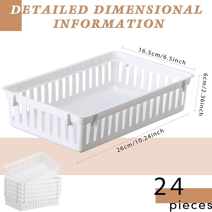 Wenqik 24 Pcs Plastic Storage Baskets for Classroom Organizing Small Pantry Storage Bins Rectangular Tray for Back to School Household Toys Classroom Bedrooms, Kitchens Countertops(White)