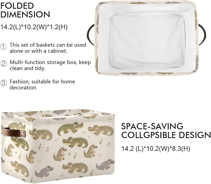Large Storage Basket Alligator Pattern Storage Bin Cube Canvas Fabric Organizer Handles Collapsible for Clothes Toys Bedroom Decorative