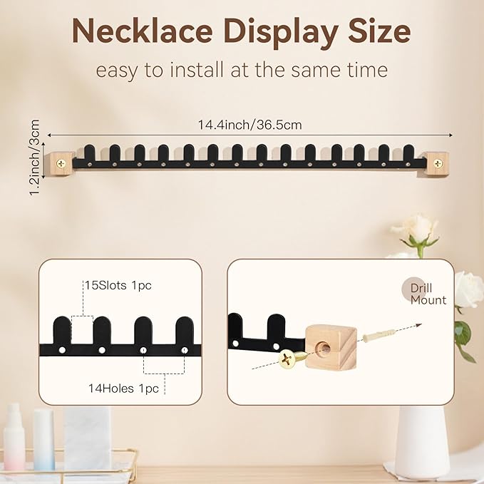 Wall Necklace Holder Hanging Jewelry Organizer 2 Pack Metal Necklace Organizer, Space-saving Jewelry Display for Necklaces & Earrings, Screws Included, Black
