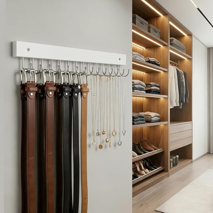 Wall Mounted Tie & Belt Rack Organizer - 2 Pack, 28 Hooks Hold 40 Ties & 40 Belts, 180° Rotating Space Saving Design, Sturdy Wood Decorative Wall Storage (White)