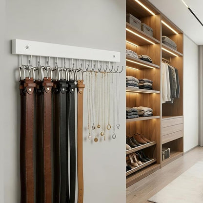 Wall Mounted Tie & Belt Rack Organizer - 2 Pack, 28 Hooks Hold 40 Ties & 40 Belts, 180° Rotating Space Saving Design, Sturdy Wood Decorative Wall Storage (White)