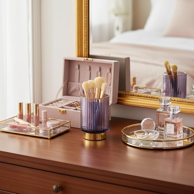 Glass Makeup Brush Holder, Purple Makeup Brush Holder for Vanity, Toothbrush Holders for Bathrooms, Desktop Makeup Organizer for Cosmetic, Brushes, Pen, Pencil