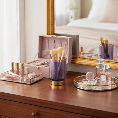 Glass Makeup Brush Holder, Purple Makeup Brush Holder for Vanity, Toothbrush Holders for Bathrooms, Desktop Makeup Organizer for Cosmetic, Brushes, Pen, Pencil