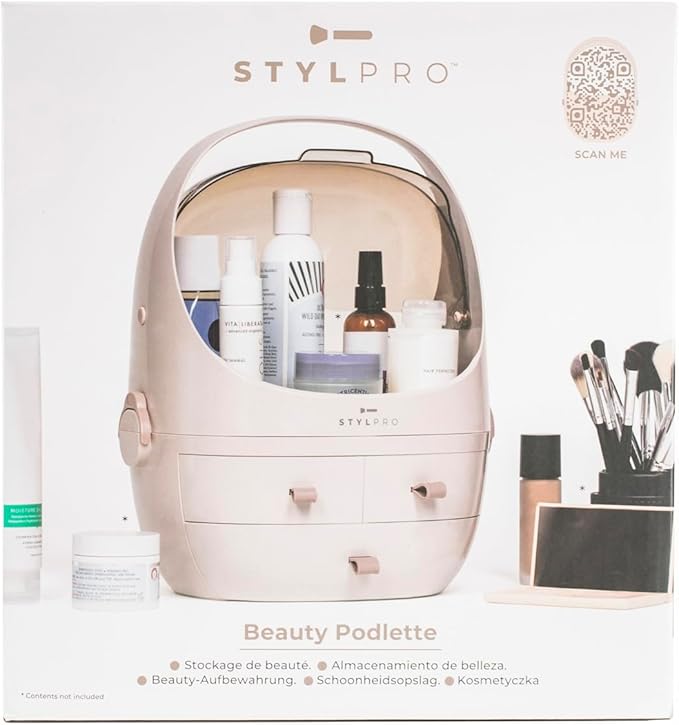 STYLPRO Beauty Storage Pod, Cosmetics & Skincare Organiser with 3 Drawers, Detachable Lid, Dustproof Cover & Travel Handle for Dresser, Bedroom, Bathroom & Home Organisation