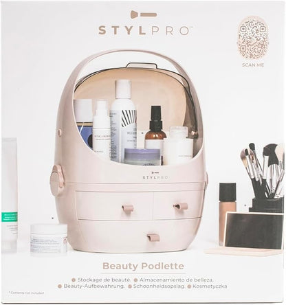 STYLPRO Beauty Storage Pod, Cosmetics & Skincare Organiser with 3 Drawers, Detachable Lid, Dustproof Cover & Travel Handle for Dresser, Bedroom, Bathroom & Home Organisation