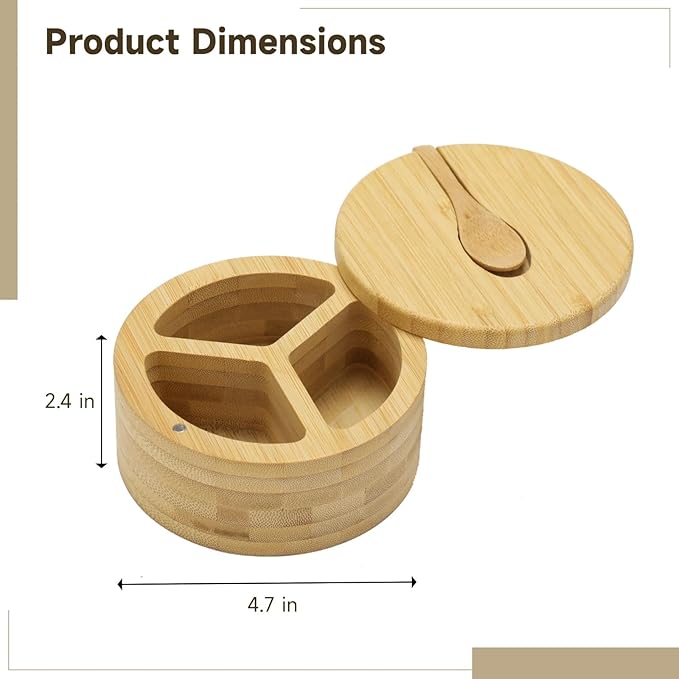 3 Compartment Wood Spice Jar, Salt and Pepper Holder with Rotating Lid & Spoon, Dustproof Condiment Container for Kitchen Countertop, Versatile Spice Cellar for Home Cooking, Picnic, BBQ, Restaurant