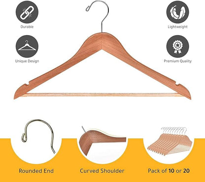 Quality Wooden Hangers - Slightly Curved Hanger 30-Pack Sets - Solid Wood Coat Hangers with Stylish Chrome Hooks - Heavy-Duty Clothes, Jacket, Shirt, Pants, Suit Hangers (Natural, 30), 17.5 inch