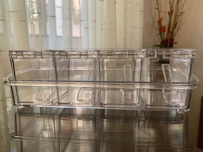 KPS Spice Storage Container Box, Crystal Seasoning box with 4 compartment and spoons, Acrylic seasoning Masala Box (pack of 1)