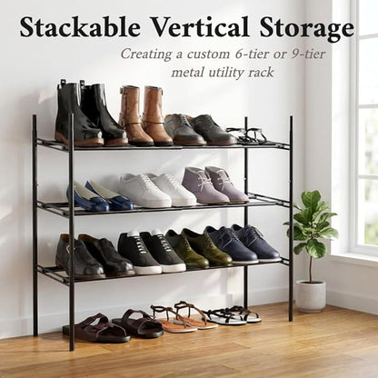 Simple Houseware Space-Saving 3-Tier Shoe Rack - Expandable & Stackable Metal Footwear Organizer for Entryway or Closet, Black