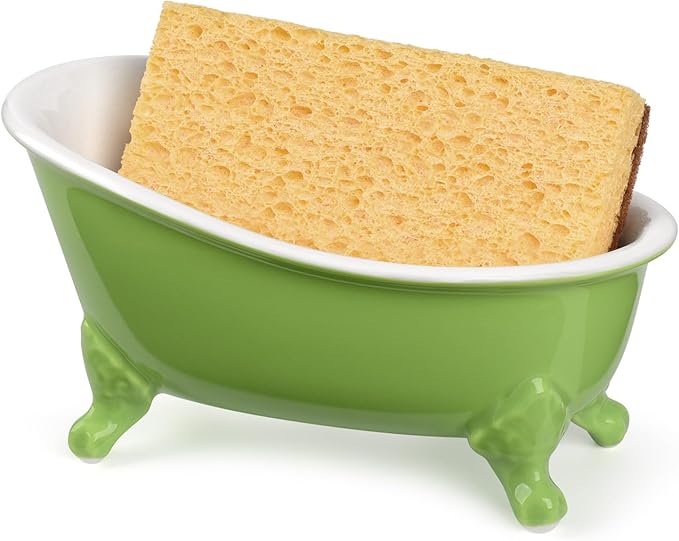 6.1" Vintage Ceramic Mini Decorative Clawfoot Bathtub Bar Soap Dish, Kitchen Sponge Holder and Shower Tray for Bathroom, 1 Pack (Lime)