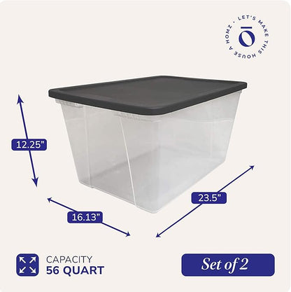 HOMZ 2-Pack Snaplock, Large Clear Plastic Storage Organizer Bins w/Lids, 56 Quart, Gray - Stackable Container Boxes for Bedroom, Bathroom, Garage, and Office Organization