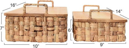 Household Essentials Stackable Hyacinth Baskets with Oak Lids, Natural, Set of 2