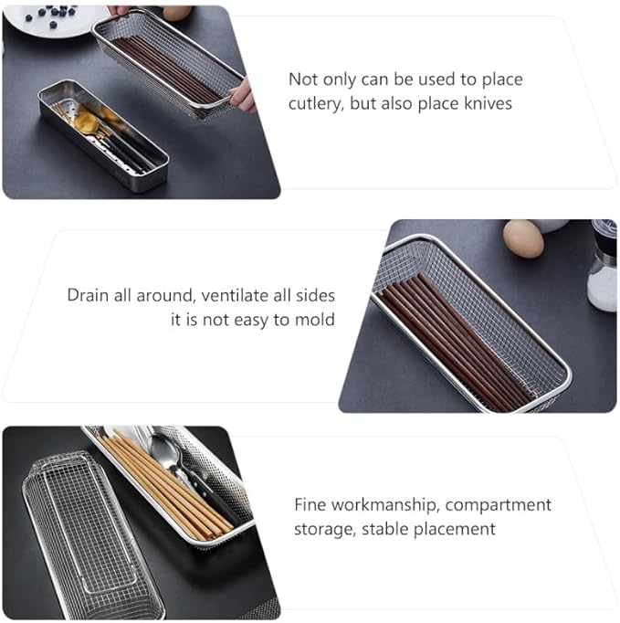 Cabilock Stainless Steel Multipurpose Cutlery Holder for Disinfection Cabinets Space-Saving Chopstick and Knife Rack with Ventilated Drain Basket Kitchen Cabinet Organizer 12.6X4.9X2 Inches
