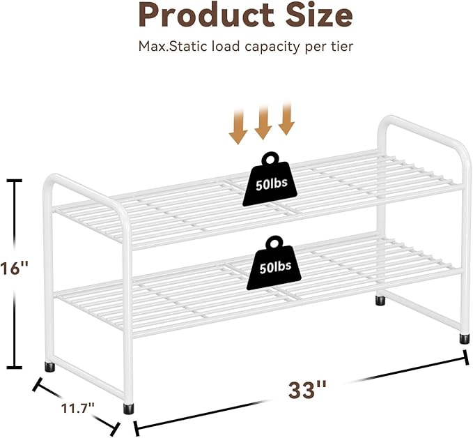 Standard Shoe Rack 2-Tier 32.5 Inches Wide, Free Standing Shoe Organizer for Indoor Outdoor | Adjustable Heavy-Duty Metal Shelf Ideal for Home Entryway Closet & Garage Balcony | White
