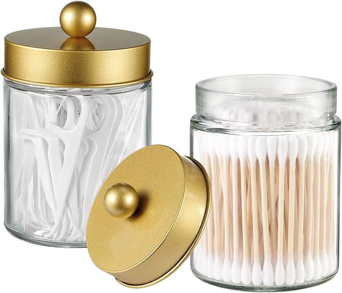 Apothecary Jar Canisters Bathroom Vanity Organizer - Qtip Holder Storage Organizer Countertop -Stainless Steel Lids &Cute Stickers for Qtips,Cotton Swabs,Makeup Sponges,Floss(3 Pack) (Gold)