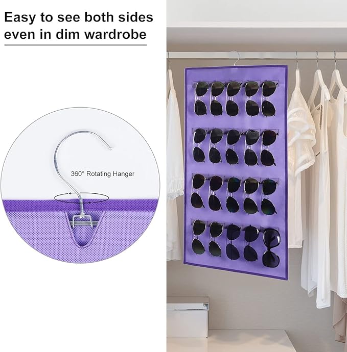 Dual Sided Hanging Sunglasses Organizer Wall Mounted Glasses Rack Storage Eyeglasses Holder Eyewear Display Case with 40 Slots (40 Slots-Purple)