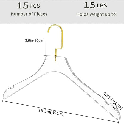 Besser Acrylic Clear Hangers 15 Pack,Acrylic Hanger Premium Quality Crystal Clear Hangers with Gold Hooks Luxury Dress Suit Hangers（Gold Hook）