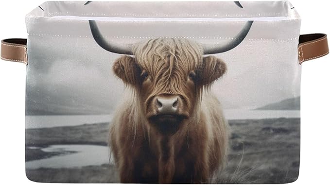 YETTASBIN Highland Cow Storage Basket 2pc, Large Collapsible Toys Clothes Organizer, Durable Canvas Storage Bin with Handle for Shelves Closet Laundry Home Office Decor