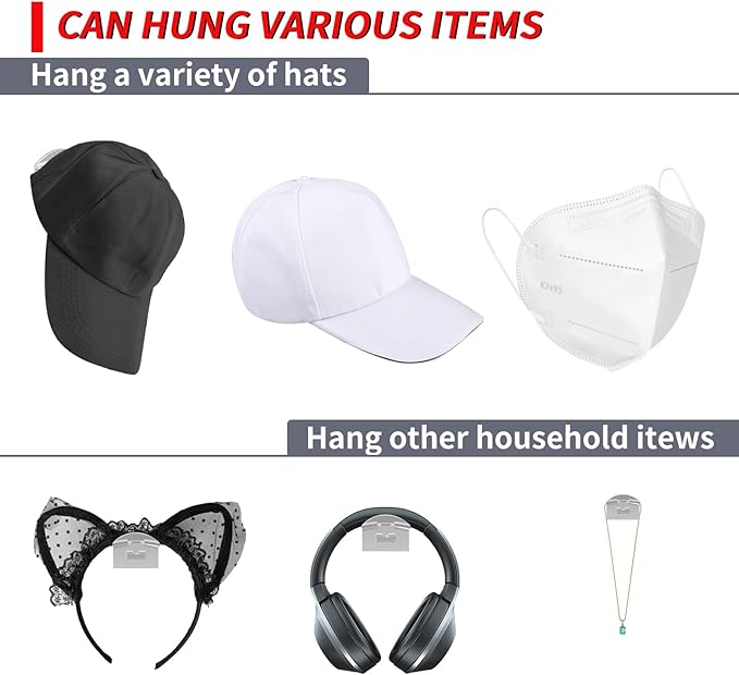 SUPERNIGHT 12 Pack Adhesive Hat Hooks for Wall, Hat Racks for Baseball Caps, Minimalist, No Drilling, Strong Hold Hat Hangers for Closet Door Wall (Transparent)