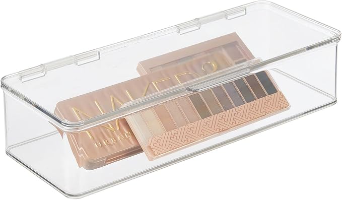 mDesign Makeup Storage Stackable Organizer Box for Bathroom Vanity, Countertops, Drawers - Holds Blenders, Eyeshadow Palettes, Lipstick, Lip Gloss, Makeup Brushes - Hinged Lid - 2 Pack - Clear
