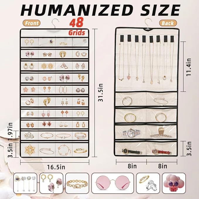Hanging Jewelry Organizer Storage Earring Jewelry Storage Bag With 48 Pockets Necklace Bracelet Ring Glasses Accessory Display Rack (White)