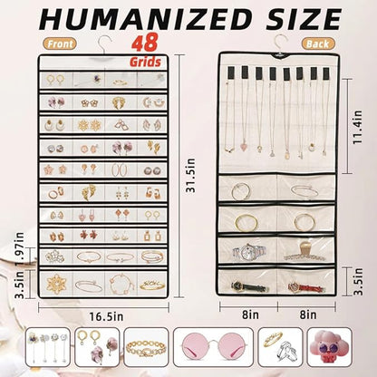 Hanging Jewelry Organizer Storage Earring Jewelry Storage Bag With 48 Pockets Necklace Bracelet Ring Glasses Accessory Display Rack (White)
