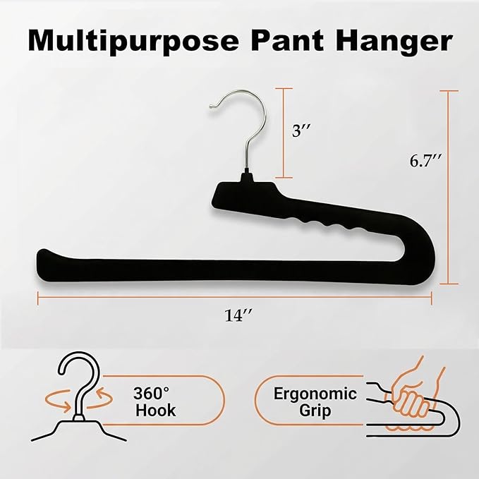 Velvet Pants Hangers, 10 Pack Non-Slip Open Ended Hangers with 360° Swivel Hook, Strong Grip for Trousers, Skirts, and Clothing, Space-Saving Design