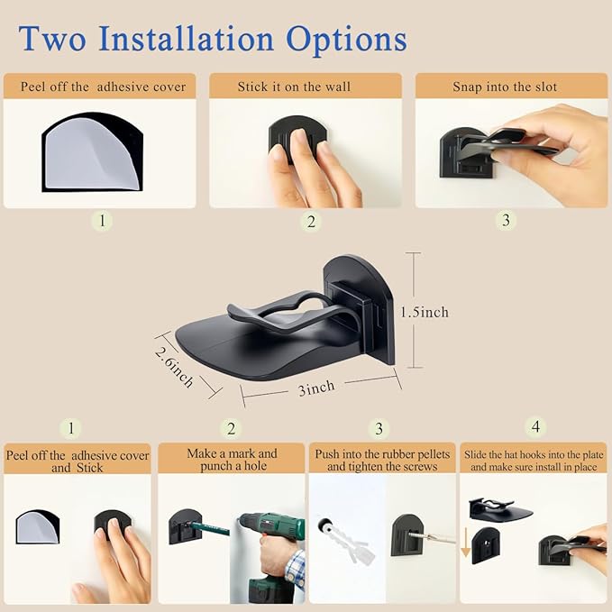8 Pack Adhesive Hat Hooks for Wall – Strong Hold Hat Rack for Baseball Caps & Cowboy Hats, Minimalist Hat Display Organizer, Hat Hangers for Wall/Door/Closet, No Drilling, USA Patented – Black
