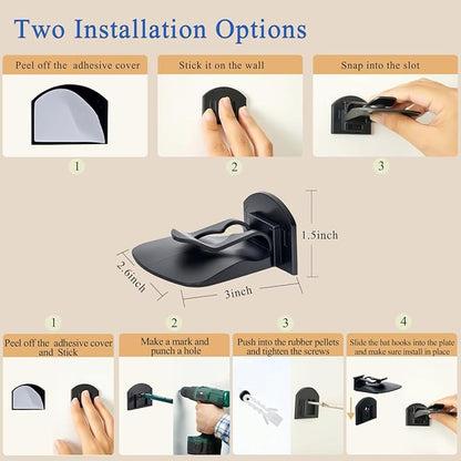8 Pack Adhesive Hat Hooks for Wall – Strong Hold Hat Rack for Baseball Caps & Cowboy Hats, Minimalist Hat Display Organizer, Hat Hangers for Wall/Door/Closet, No Drilling, USA Patented – Black